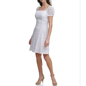 🆕️KENSIE Square Neck Puff Sleeve Geo Embroidery Lace A-Line Dress SZ 10 Medium